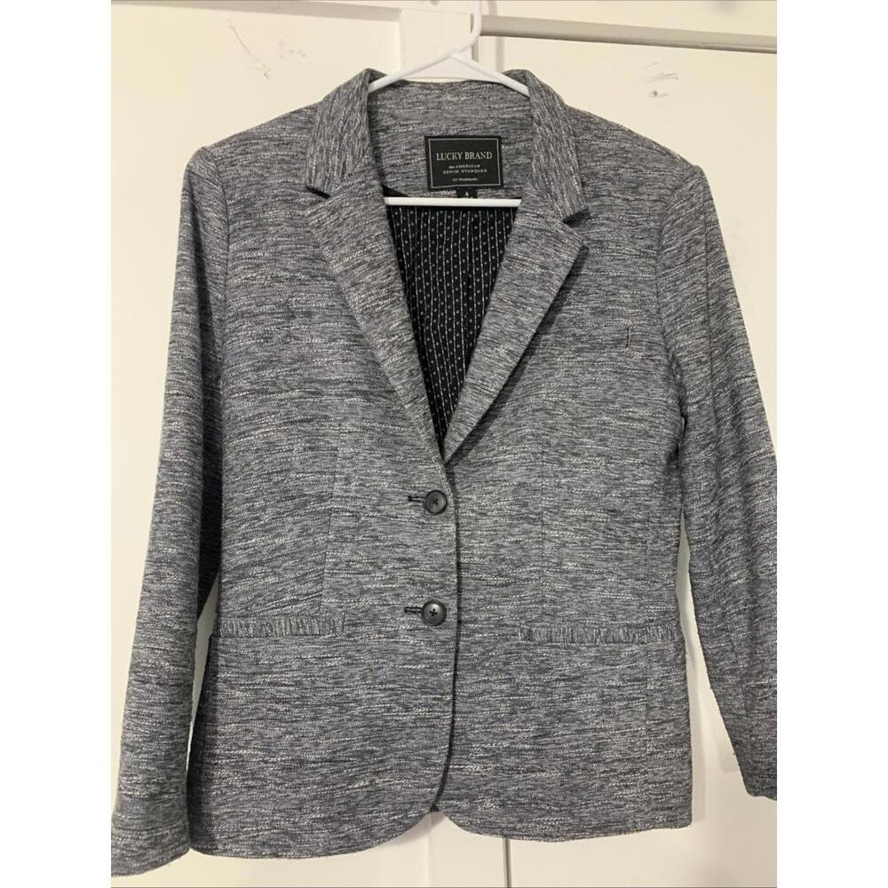 LUCKY BRAND Blazer Womens Sz 4 Tweed Notch‎ Collar 2-Button Jacket Gray